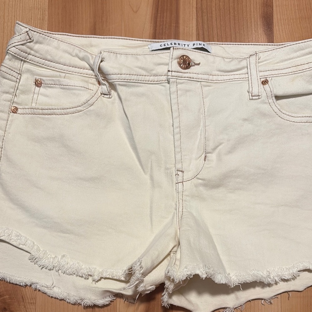 Celebrity Pink Cream Jean Shorts Distressed Hem